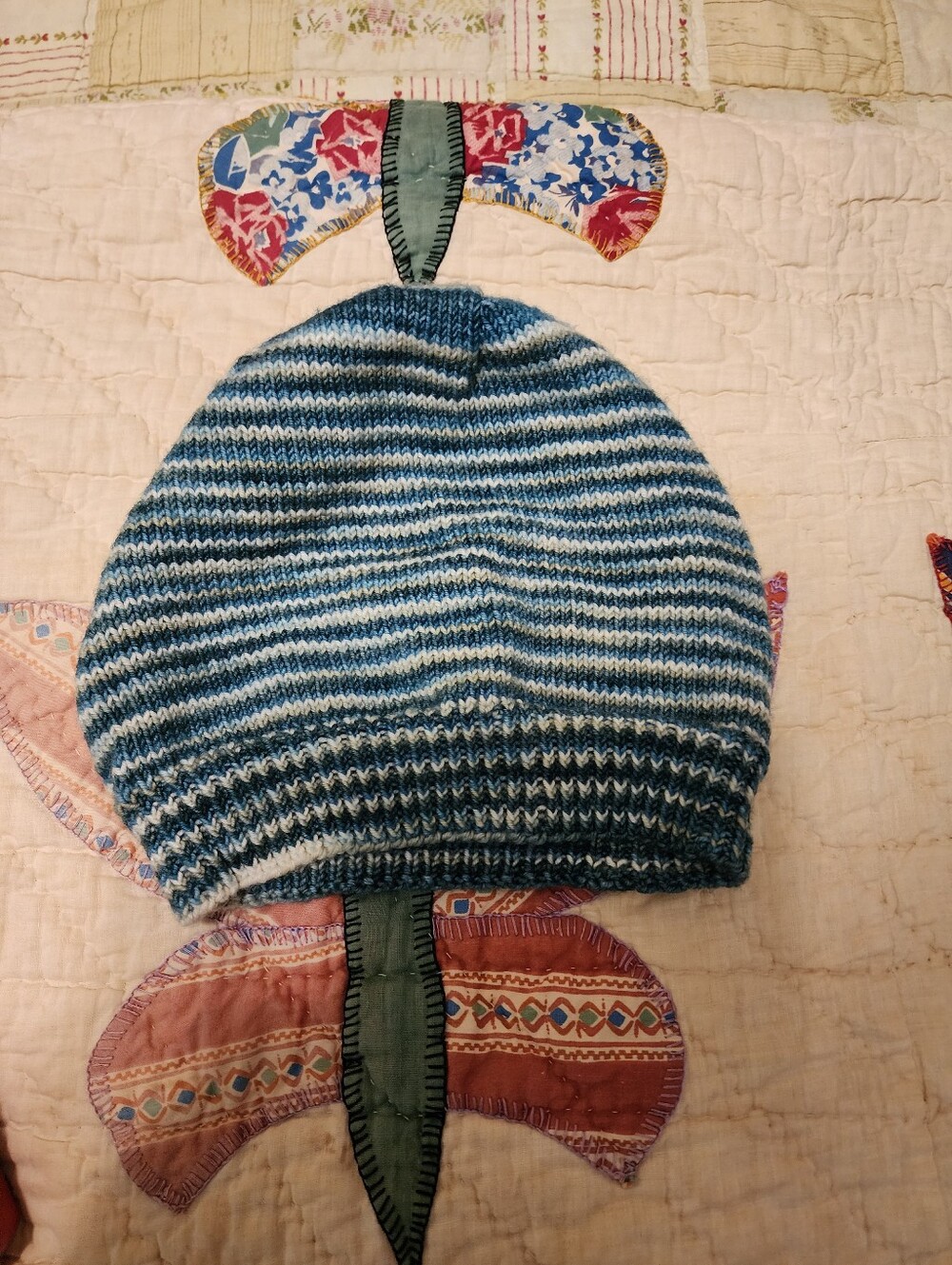 Handmade Knit Cotton Beanie Green And White
